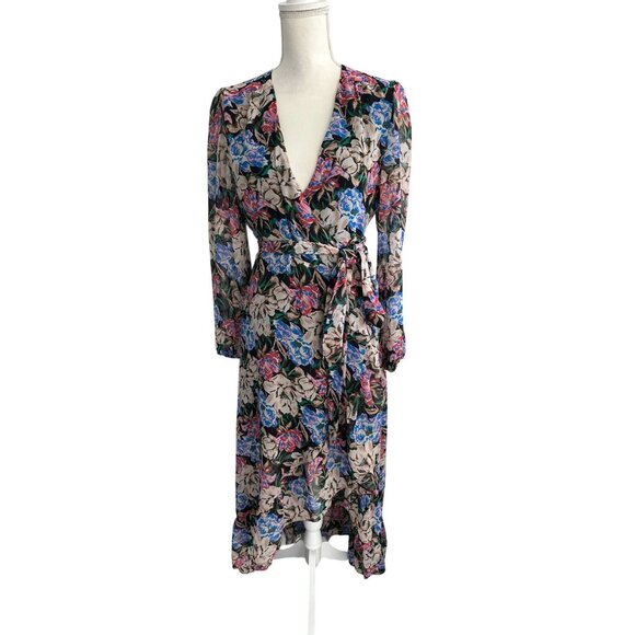 WAYF Floral Ruffle Midi Wrap Dress Size Medium - Picture 3 of 10